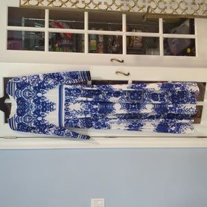 Blue and white long sleeve maxi dress